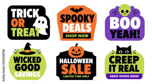 Set of Six Halloween Themed Promotional Icons and Labels.