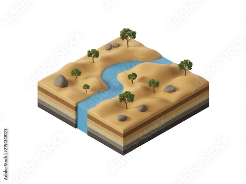 3D isometric cross section of desert land with river and trees isolated on transparent background for education