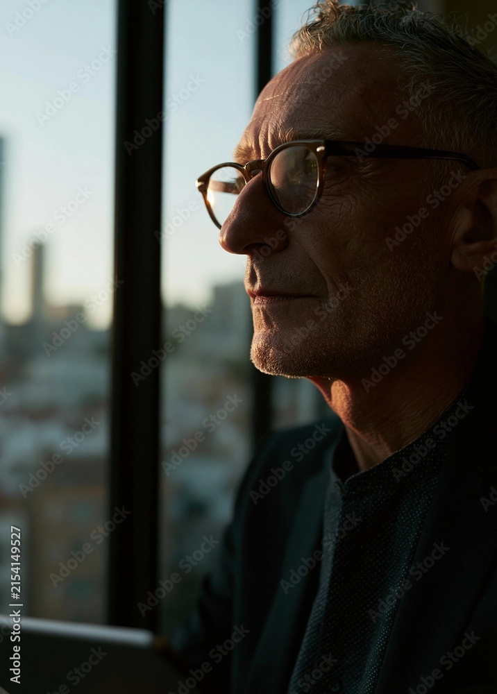 Fototapeta premium Portrait of a middle-aged man with short grey hair and glasses. he is looking out of a window with a view of a city skyline in the background.