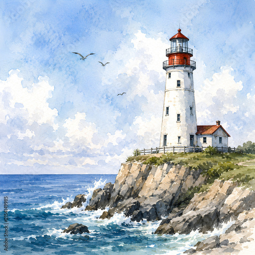 Watercolor Lighthouse on Rocky Coastal Cliff by the Sea