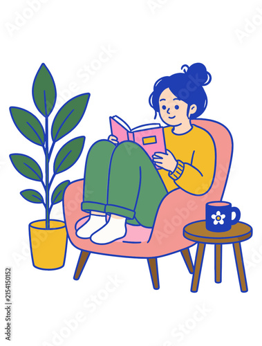 Young Woman Reading a Book in Comfortable Armchair at Home, Cozy Living Room Vector Illustration