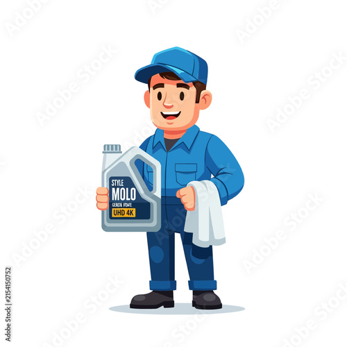 Cartoon Mechanic Holding Motor Oil Bottle