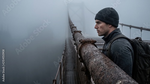 Man wearing beanie walking on rusted suspension bridge covered in heavy thick fog.