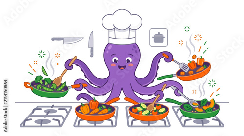 Cartoon Octopus Chef Cooking Multiple Dishes Illustration
