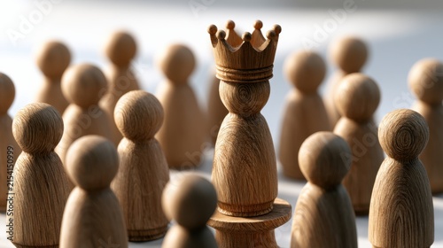 Wooden chess pawn wearing a crown surrounded by multiple unadorned pawns symbolizing leadership and standing out in a crowd concept