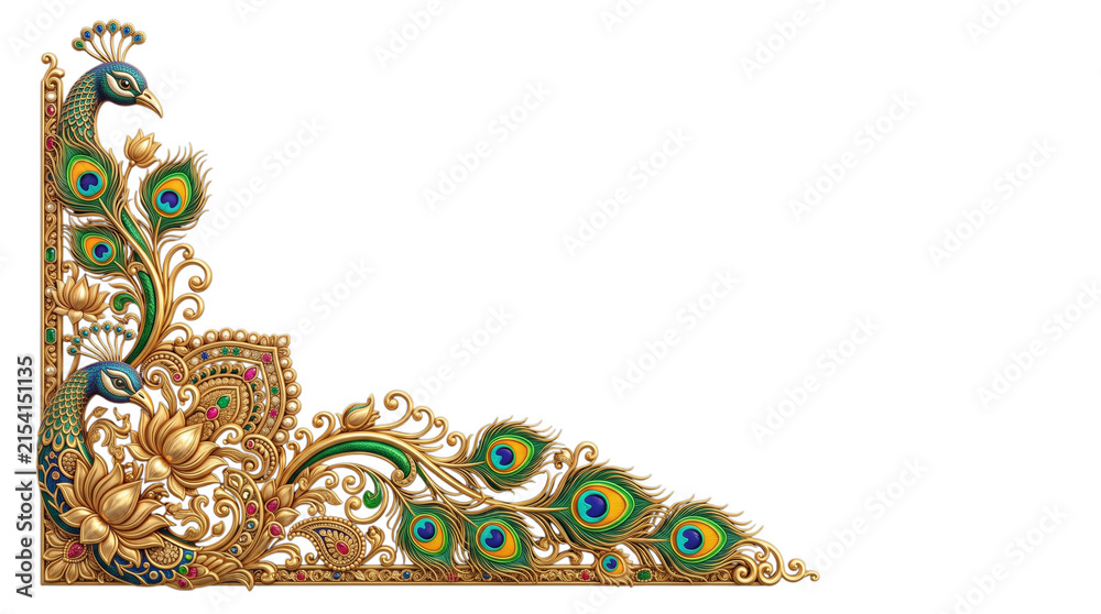 Naklejka premium Ornate peacock and lotus flower corner frame isolated on transparent background