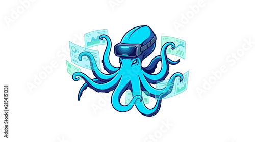 Cartoon octopus wearing virtual reality headset with data charts