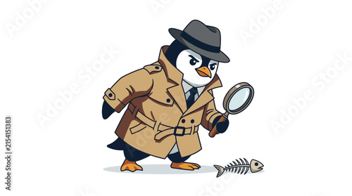 Cartoon Penguin Detective Investigating Fish Skeleton Illustration
