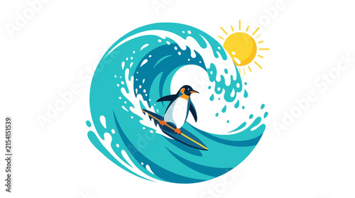 Photography Cartoon penguin surfing on a large ocean wave vector illustration