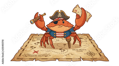 Cartoon Pirate Crab With Treasure Map and Spyglass