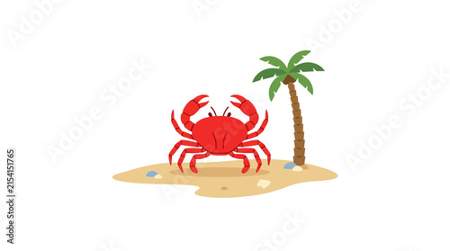 Cartoon red crab on a small tropical beach island