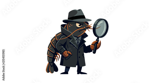 Cartoon Shrimp Detective Character Holding a Magnifying Glass
