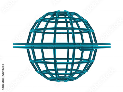 Cyan metallic wireframe globe sphere isolated on transparent background for modern technology and data visualization