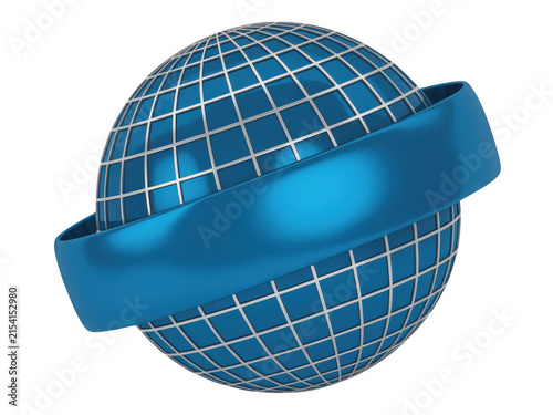 Detailed blue 3d globe with metallic grid lines and encircling ring isolated on transparent background for technology