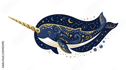 Celestial Narwhal Illustration with Cosmic Patterns