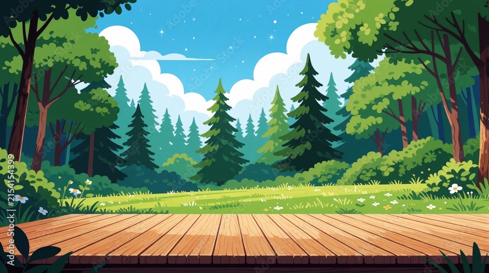 Obraz premium Wooden deck overlooks green forest landscape. Pine trees and leafy branches reach toward blue sky. Sunny meadow with flowers provides natural outdoor scene.