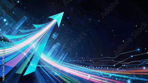 Abstract startup business background, dynamic upward flowing shapes, energetic light trails, digital growth concept, entrepreneurship and innovation, modern technology ecosystem