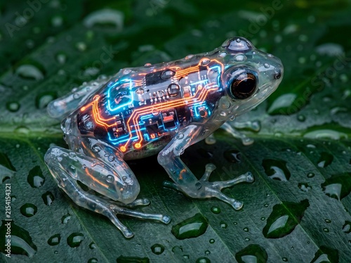 Transparent cybernetic frog with glowing circuitry sits on a wet green leaf, blending nature and technology.