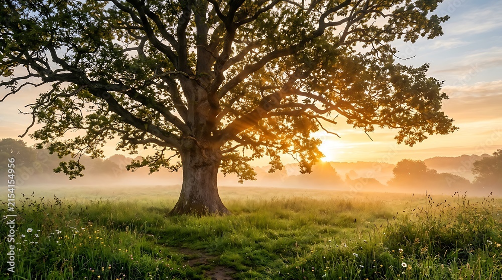 Naklejka premium Ancient oak tree in a misty meadow at sunrise, golden hour landscape scenery.