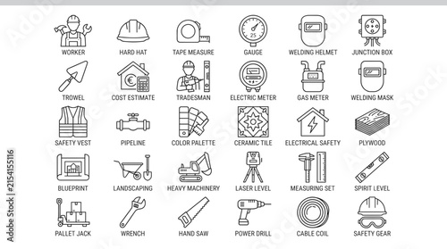 Construction building and contractor tools line vector icon set featuring worker safety gear blueprint measuring tools heavy machinery symbols