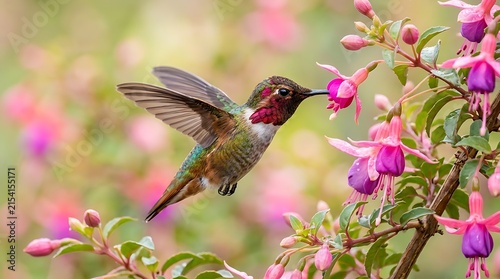 Quadro su tela Anna's hummingbird hovering near pink fuchsia flowers in a garden
