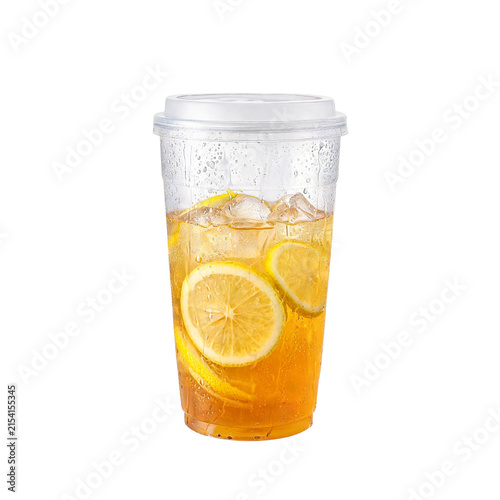 Cold drink with lemon slices and condensation on plastic cup with ice, refreshing and thirst quenching png image