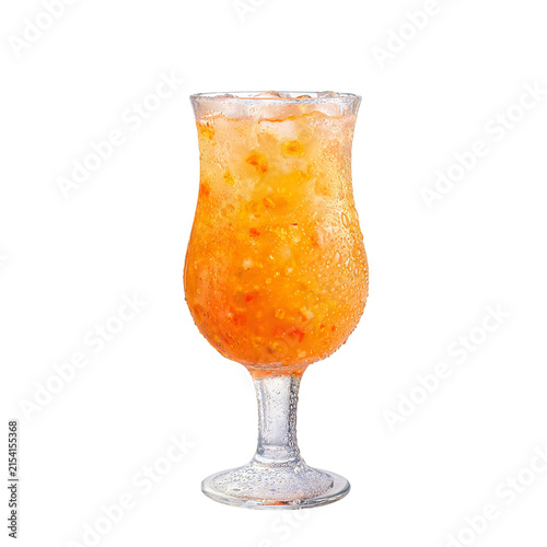 Cold drink with condensation on glass filled with orange beverage and ice cubes refreshing png