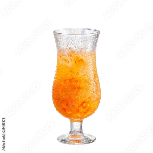 Cold drink with condensation on glass filled with orange beverage and ice cubes refreshing png