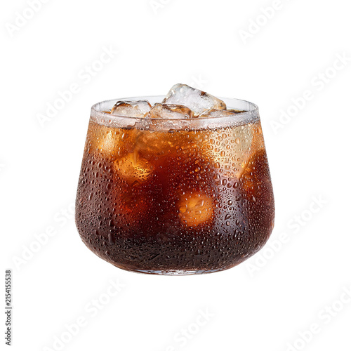 Cold drink with condensation on glass filled with ice cubes and dark liquid refreshing png