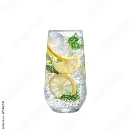 Cold drink with lemon slices and mint leaves shows condensation on glass in refreshing png image