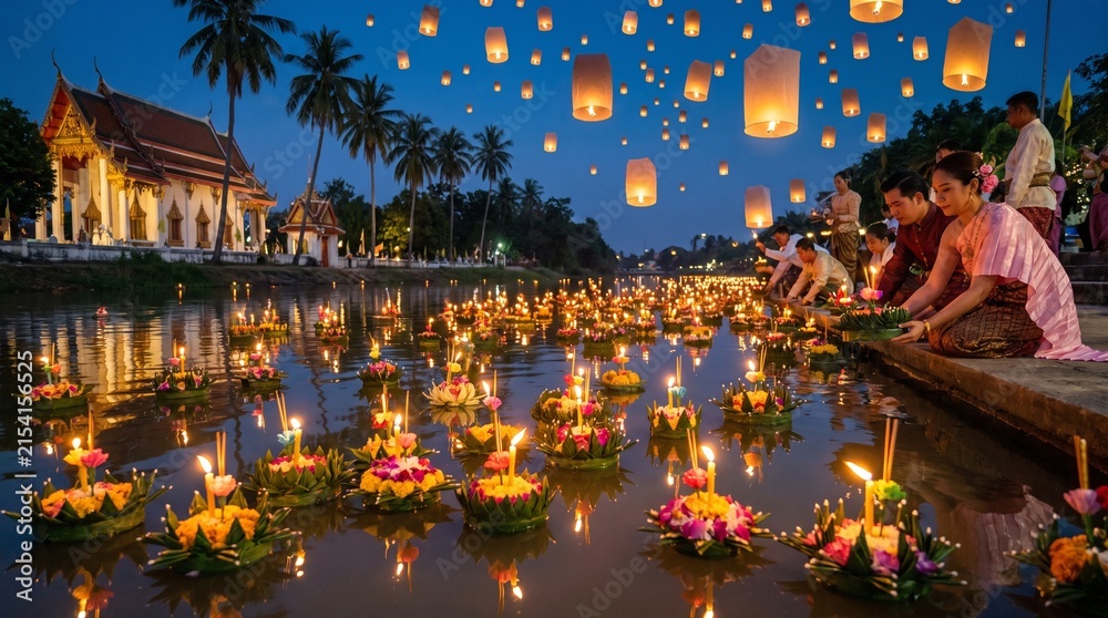 Fototapeta premium People celebrating Loy Krathong festival by releasing floating lanterns and baskets on the river in Thailand.
