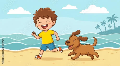 Happy little boy running with dog on sandy beach vector illustration