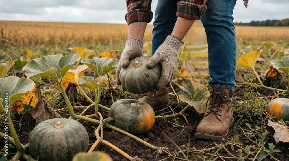 Fototapeta premium Young female farmer harvests organic pumpkins in autumn field. Woman wearing gloves picks large green squash from garden soil. Seasonal agriculture work in rural countryside. Sustainable food