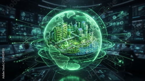Dynamic glowing digital globe floating in a futuristic command center, visualizing a sustainable smart city and advanced global technological connectivity