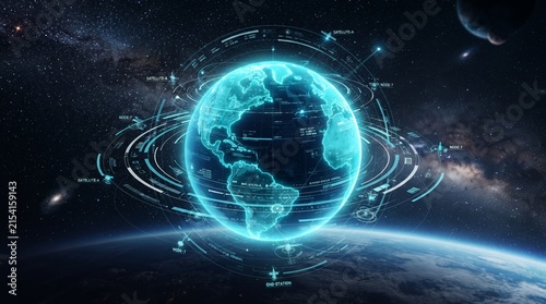 A Luminous Digital Earth Emitting Glowing Light, Representing Global Data Interconnection and a Futuristic Network Horizon in Deep Space
