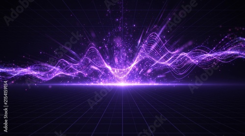 Vibrant glowing digital energy waves in a purple spectrum, emanating from a central point on a futuristic grid, symbolizing data flow and technological advancement