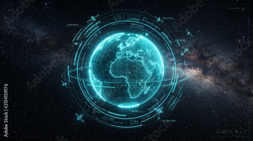 Vibrant glowing Earth with intricate digital network and orbiting satellites, symbolizing global connectivity and future technology on a cosmic horizon