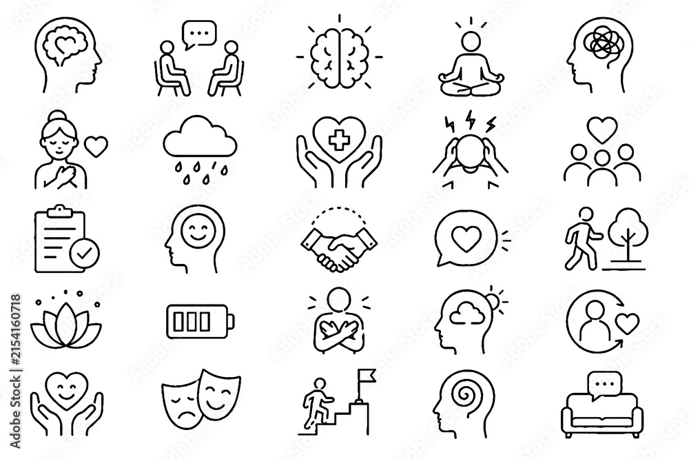 Fototapeta premium Mental Health, Psychology and Emotional Wellness Line Icon Set