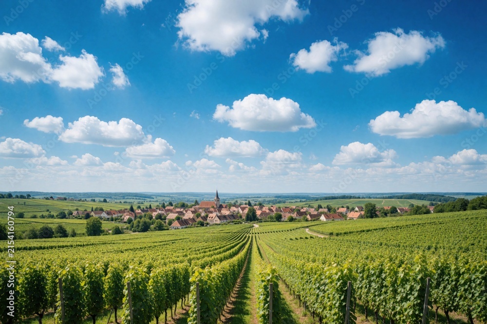 Obraz premium Vineyard landscape meets village under sunny blue sky with clouds. Green rolling hills surround tranquil countryside settlement. Pathway winds through cultivated fields.