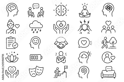 Bild auf Leinwand Mental Health, Psychology and Emotional Wellness Line Icon Set