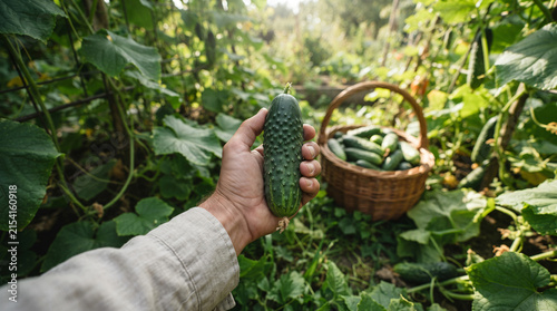 Person holding freshly harvested cucumber in a lush vegetable garden