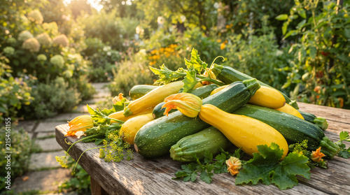 Pile of fresh yellow and green zucchini on wooden table