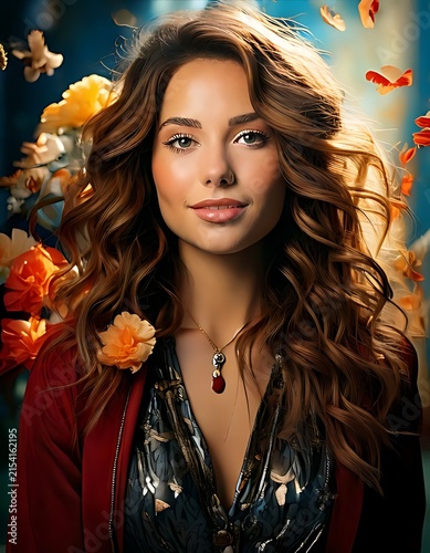 Beautiful young woman with long wavy brown hair and orange flowers.