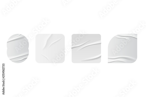 Blank adhesive stickers mock up with curved corner Blank adhesive sticker with folded or curled corners. Realistic paper sticky notes in various shapes mockup as circle, square clean tags or badge PNG