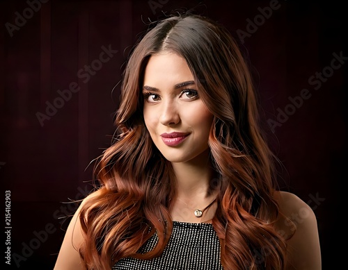 Beautiful young woman with long wavy brown hair looking at camera.