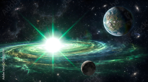 Green Spiral Galaxy with Earth-like Planet and Moon in Deep Space