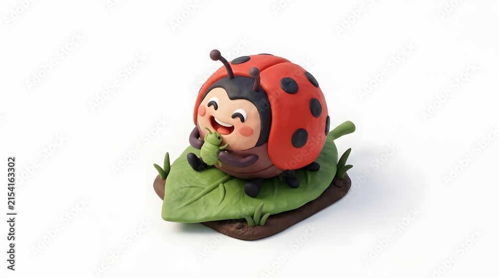 Fototapeta premium Cute 3D ladybug smiling while resting on green leaf isolated on white background