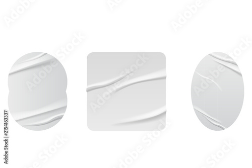 Blank adhesive stickers mock up with curved corner Blank adhesive sticker with folded or curled corners. Realistic paper sticky notes in various shapes mockup as circle, square clean tags or badge PNG