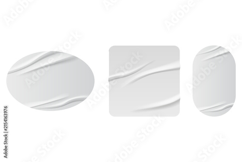 Blank adhesive stickers mock up with curved corner Blank adhesive sticker with folded or curled corners. Realistic paper sticky notes in various shapes mockup as circle, square clean tags or badge PNG