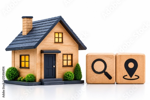 Small model house with search and location icons on a white background
